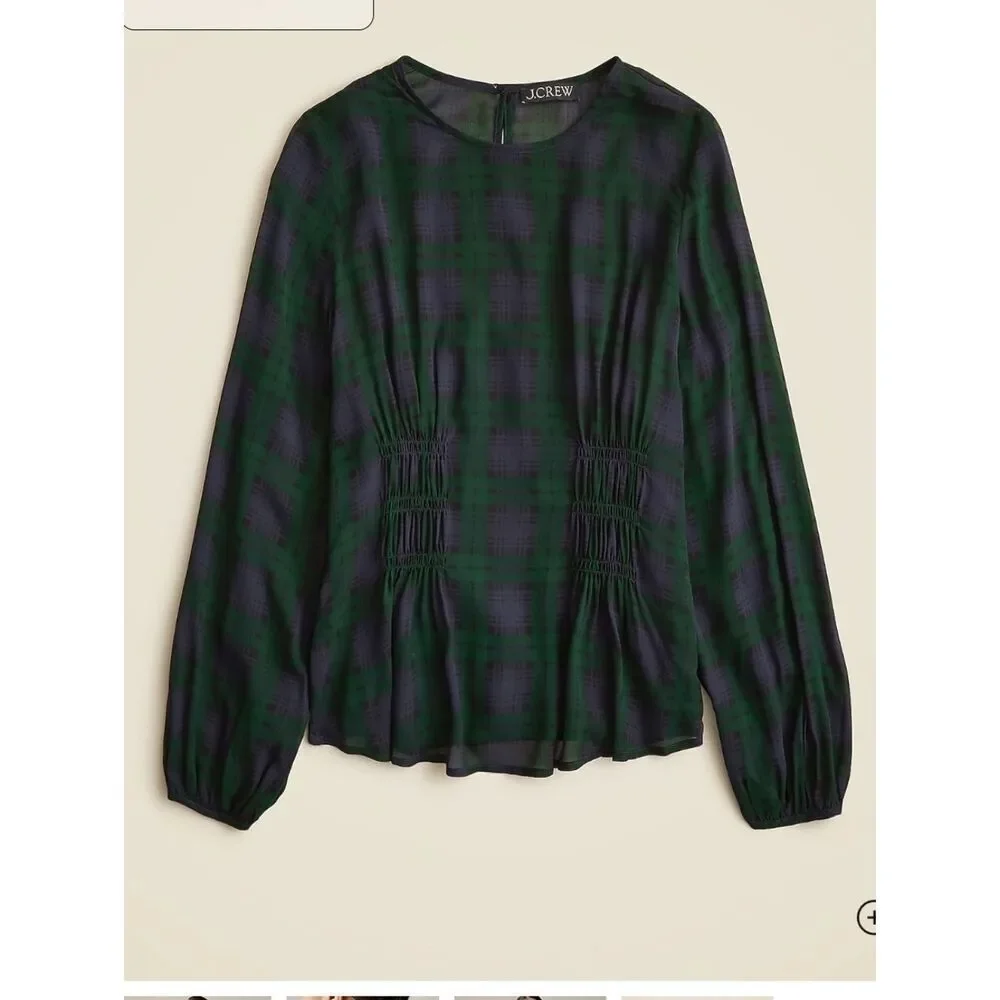 J. Crew Chiffon Shirred Waist Blouse In Black Watch Tartan With Camisole NWT